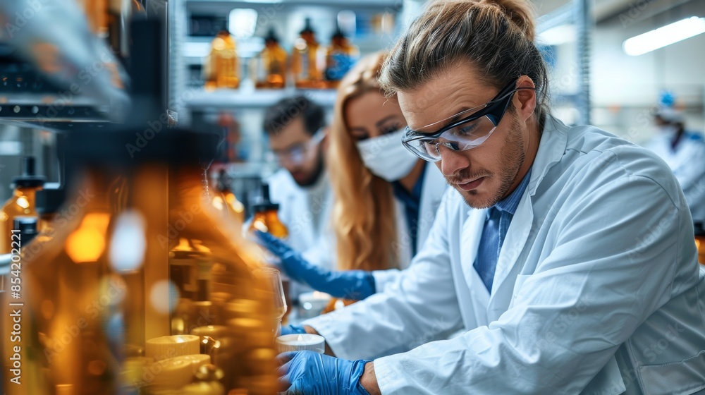 A focused group of scientists working diligently in a modern laboratory, surrounded by various scientific equipment and glassware, conducting experiments and research A focused group of scientists working diligently in a modern laboratory, surrounded by various scientific equipment and glassware, conducting experiments and research