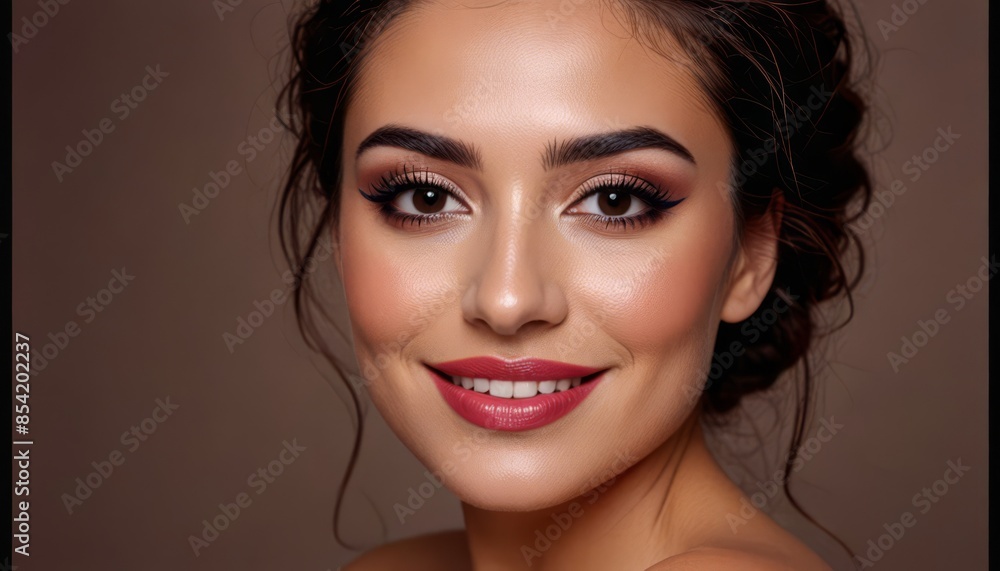 Radiant Beauty Portrait: Close-up of a woman with a warm, radiant smile, showcasing flawless makeup and a sophisticated hairstyle. Radiant Beauty Portrait: Close-up of a woman with a warm, radiant smile, showcasing flawless makeup and a sophisticated hairstyle.