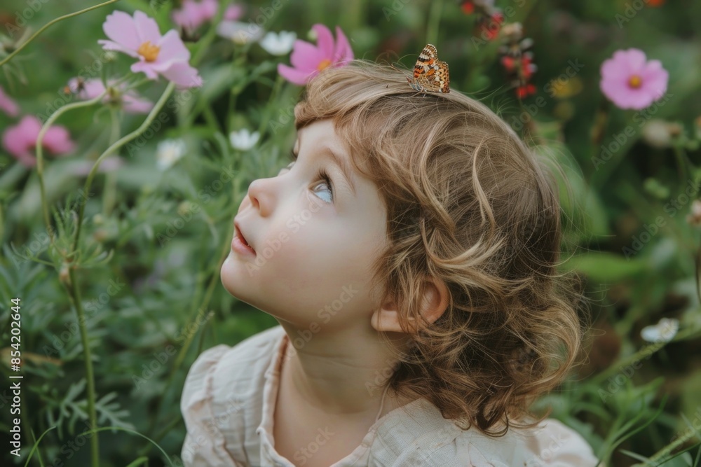 A young girl with curly blonde hair gazes up at the sky, surrounded by vibrant green foliage and delicate pink flowers. A butterfly rests gently on her head, adding to the magical ambiance A young girl with curly blonde hair gazes up at the sky, surrounded by vibrant green foliage and delicate pink flowers. A butterfly rests gently on her head, adding to the magical ambiance