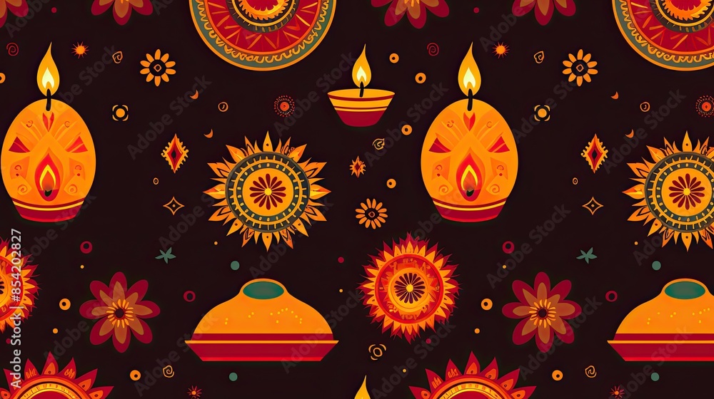A seamless pattern with colorful Diwali festival themed elements. The pattern features candles, flowers, and geometric shapes. A seamless pattern with colorful Diwali festival themed elements. The pattern features candles, flowers, and geometric shapes.