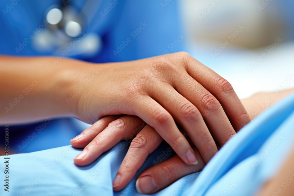 Fototapeta premium A close-up image of a hand gently resting on another, offering comfort and support in a healthcare setting
