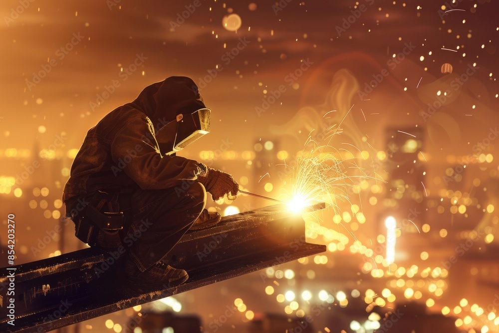 Fototapeta premium A lone welder, silhouetted against the glowing cityscape, works diligently, sparks flying from his torch