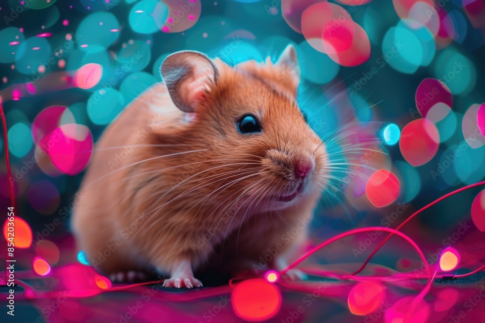 A close-up of a hamster sitting amongst festive lights, its fur glowing in the warm light A close-up of a hamster sitting amongst festive lights, its fur glowing in the warm light