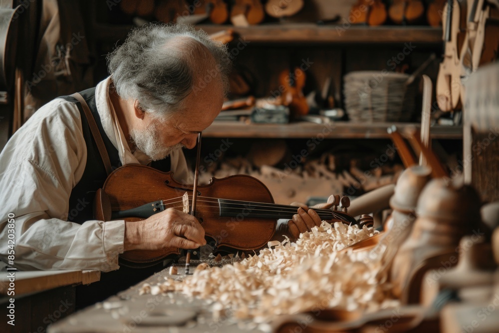 An elderly craftsman meticulously works on a violin in his workshop, surrounded by wood shavings and other instruments An elderly craftsman meticulously works on a violin in his workshop, surrounded by wood shavings and other instruments
