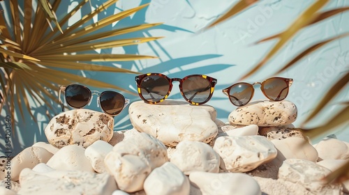 Stylish sunglasses on rocks, set against a light blue wall with tropical plant shadows. Perfect for fashion and summer themes. Ideal for promotional use. Conceptualized for contemporary style. AI photo