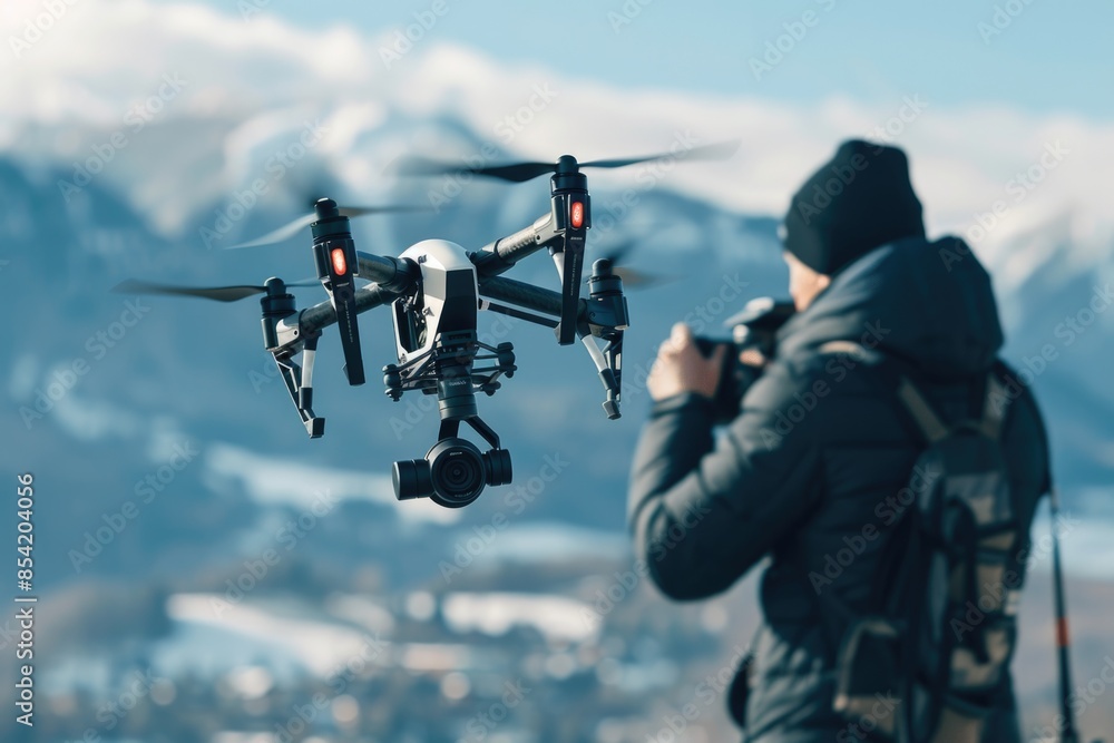 A drone flies over a snowy mountain landscape, with a person operating the drone in the foreground A drone flies over a snowy mountain landscape, with a person operating the drone in the foreground