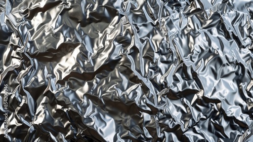 Abstract aluminum folded shiny metal silver foil crumpled texture background. Top view