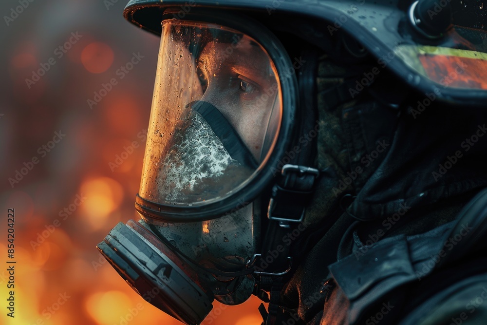 A close-up shot of a firefighter wearing a respirator mask, facing an intense blaze. The image highlights the bravery and resilience of those who risk their lives to protect others A close-up shot of a firefighter wearing a respirator mask, facing an intense blaze. The image highlights the bravery and resilience of those who risk their lives to protect others