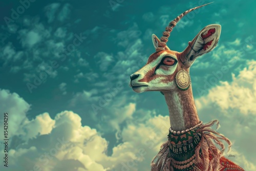 A digital illustration of a gazelle with a unicorn horn, adorned with jewelry, gazing up at the sky photo