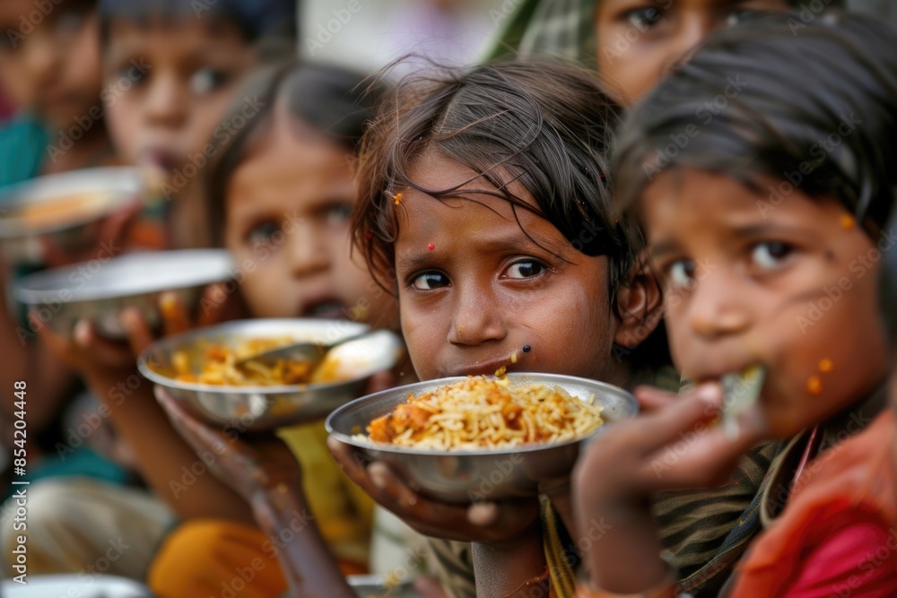 A group of young children eat a meal together, their faces filled with a mixture of hunger and hope A group of young children eat a meal together, their faces filled with a mixture of hunger and hope