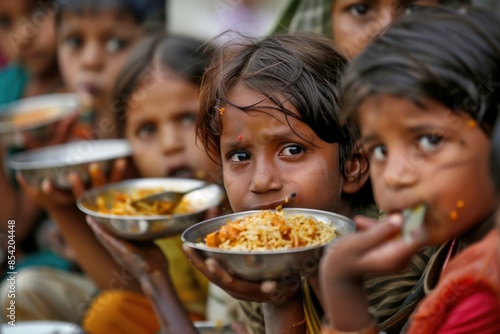 A group of young children eat a meal together, their faces filled with a mixture of hunger and hope