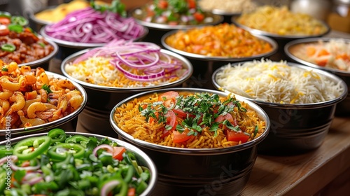 Wallpaper Mural An array of vibrant, freshly prepared dishes including rice, pasta, and vegetables beautifully arranged in gleaming bowls at a diverse buffet spread Torontodigital.ca