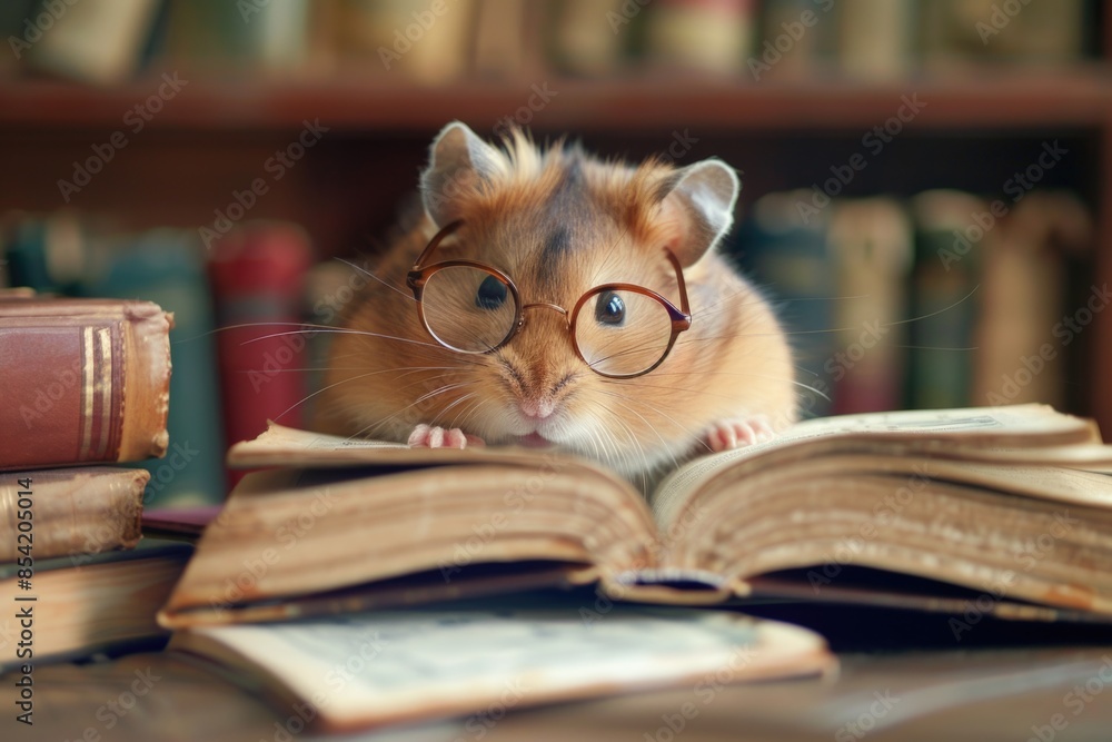 A hamster wearing glasses is engrossed in a book, surrounded by a stack of old books A hamster wearing glasses is engrossed in a book, surrounded by a stack of old books