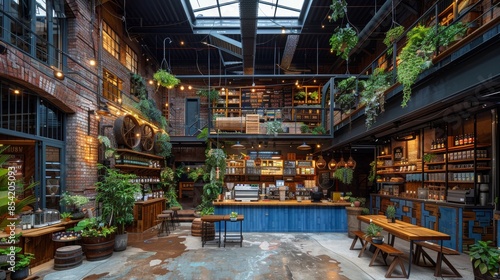 A beautifully designed urban coffee shop in an industrial building with brick walls, lush indoor plants, and a cozy seating area with natural light from the skylight