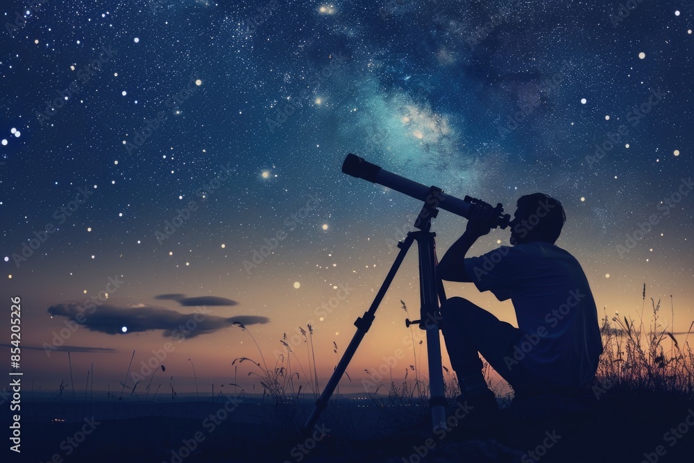 A silhouette of a person using a telescope to look at the Milky Way at night. The person is standing in a field of grass and the night sky is full of stars A silhouette of a person using a telescope to look at the Milky Way at night. The person is standing in a field of grass and the night sky is full of stars