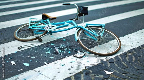 Broken bicycle lying on a crosswalk. This image conveys an accident and urban streets setting. Vivid blue tones with strong visual contrast. Ideal for safety awareness and urban life themes. AI photo