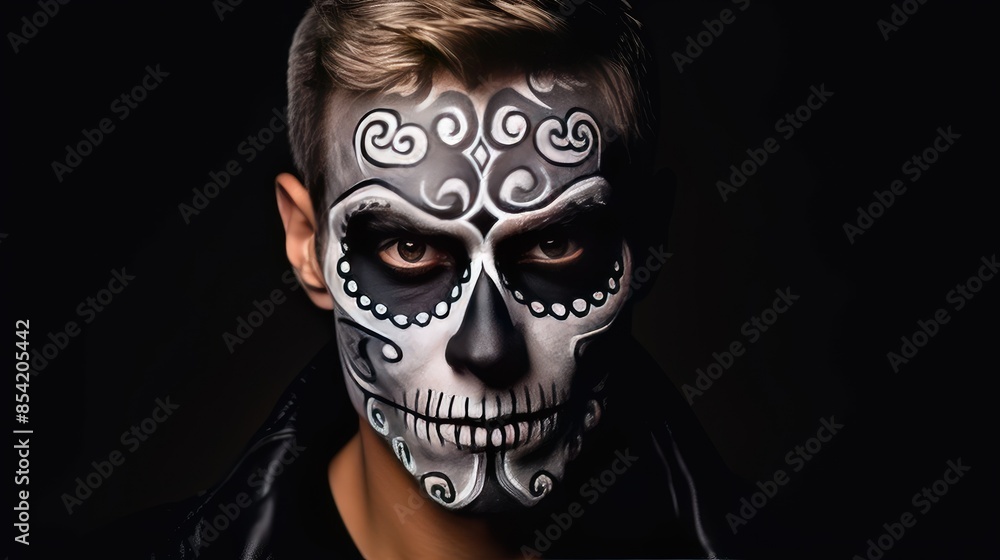 A young man with a skull painted on his face. He is looking at the camera with a serious expression. The background is black. A young man with a skull painted on his face. He is looking at the camera with a serious expression. The background is black.