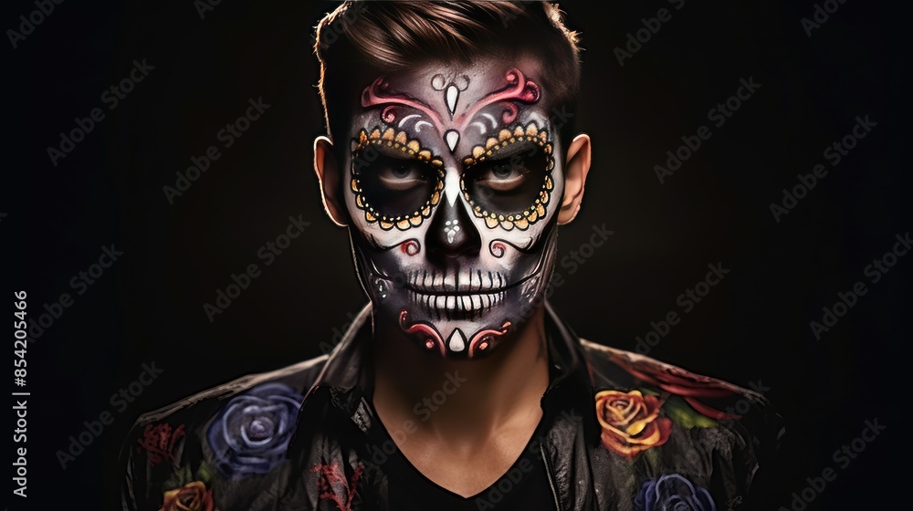 A young man with a skull painted on his face looks at the camera with a serious expression. A young man with a skull painted on his face looks at the camera with a serious expression.