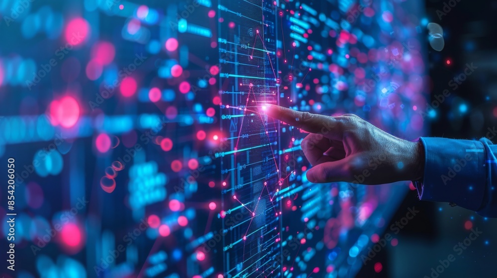 Digital Business Navigation Create an image of a businessman interacting with a virtual interface, his finger manipulating data and graphs Digital Business Navigation Create an image of a businessman interacting with a virtual interface, his finger manipulating data and graphs