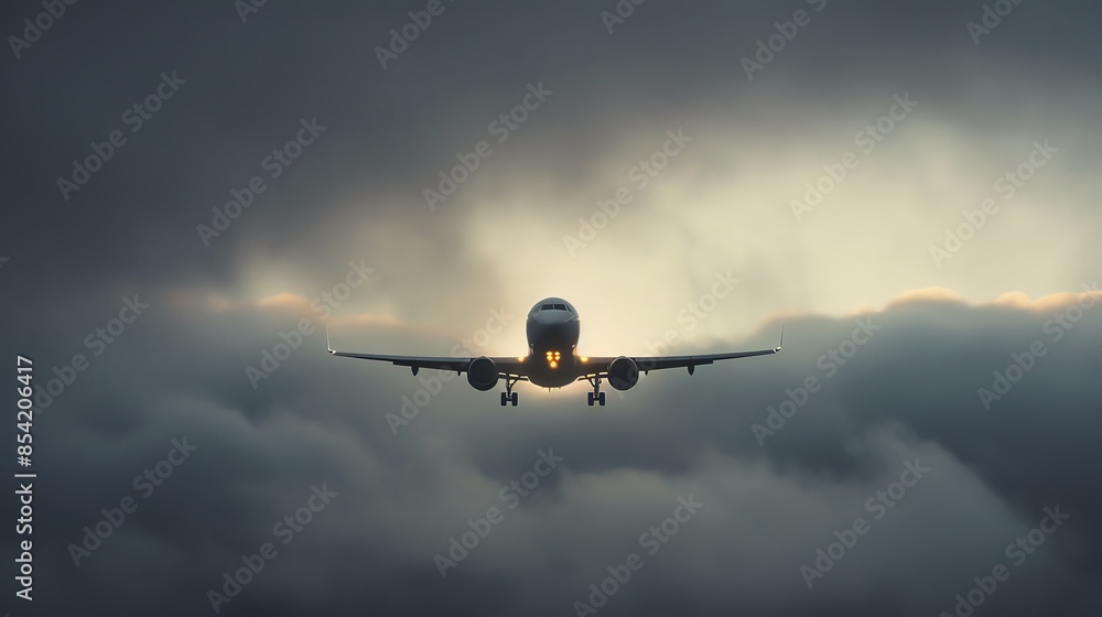 Airplane flying through dramatic clouds at dusk, highlighting the powerful and majestic nature of air travel against the evening sky. Airplane flying through dramatic clouds at dusk, highlighting the powerful and majestic nature of air travel against the evening sky.
