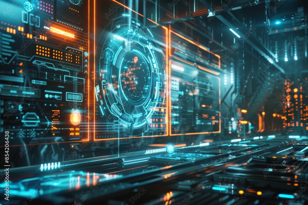 Fototapeta premium An intricately designed futuristic corridor illuminated with neon lights and a central holographic interface