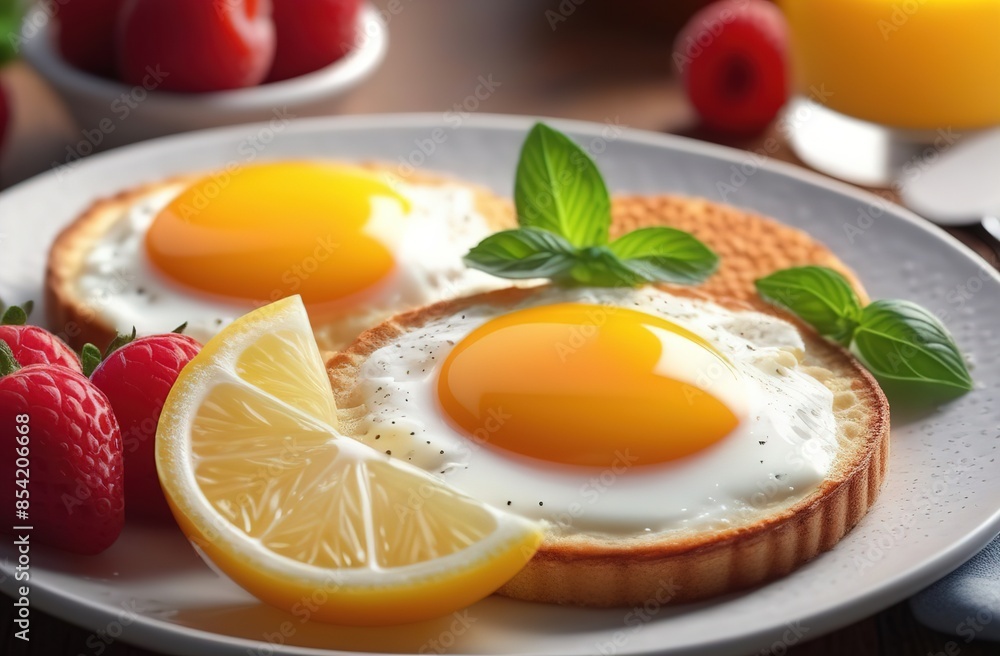 Fototapeta premium Healthy breakfast with pancakes, eggs, toasts, fruits and juice