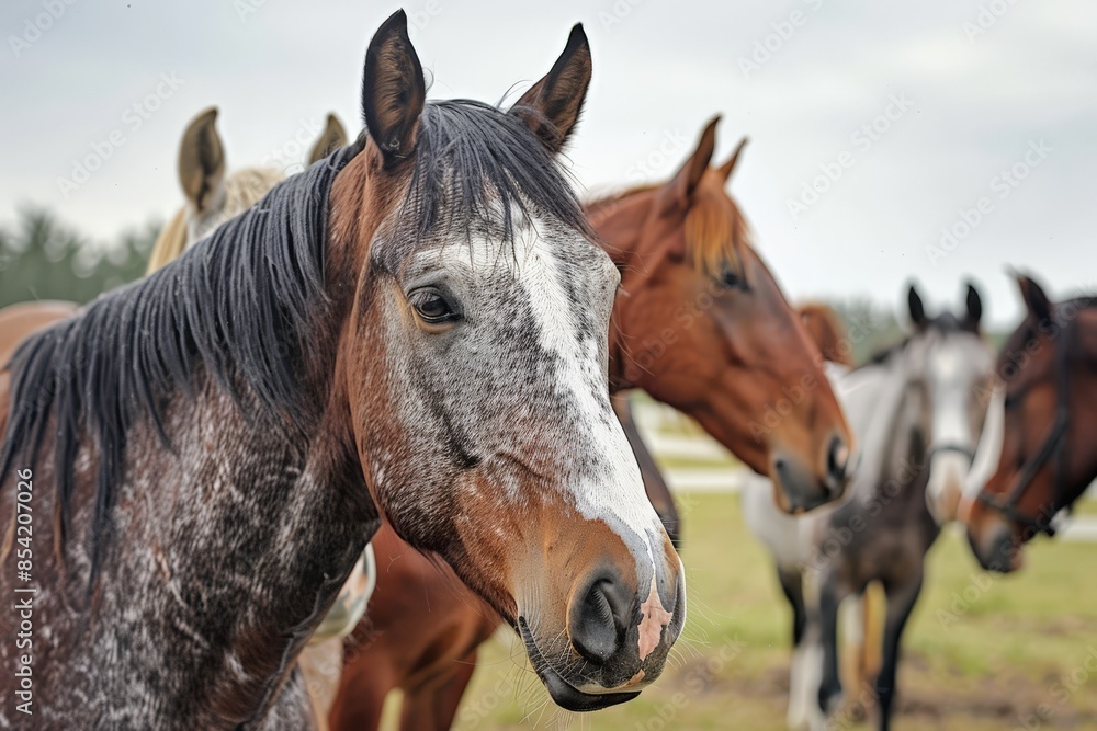 Naklejka premium A sharp image of a small herd of horses focusing on a distinguished grey horse looking at the camera