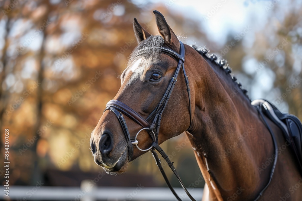 Fototapeta premium An elegant show horse with bridle stands solemnly in the sunlight with autumn trees in the background