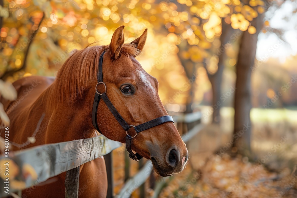 Obraz premium A beautiful horse portrait with striking fall foliage in the background