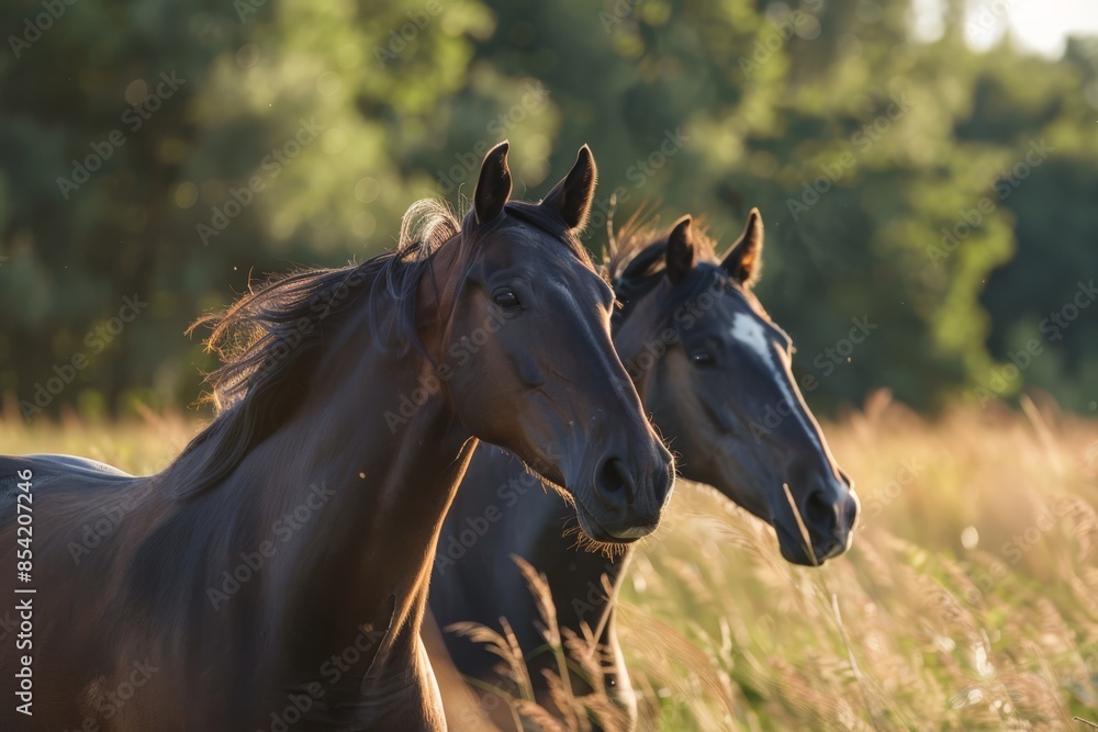 Obraz premium The image captures two horses side by side in golden-hour light, highlighting their glossy coats and elegant features