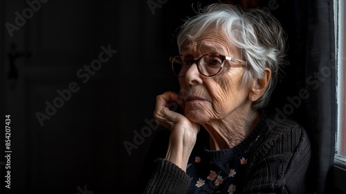 Elderly woman gazing pensively through a window, a portrait with soft lighting and dark background. A contemplative moment captured photo