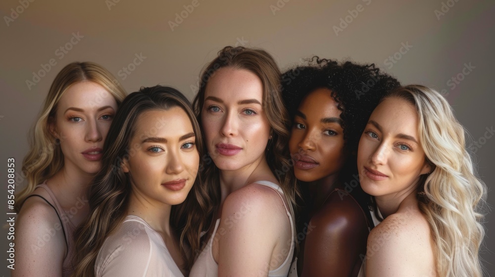 A group of smiling multicultural women stares at the camera. An AI-generated image. A group of smiling multicultural women stares at the camera. An AI-generated image.