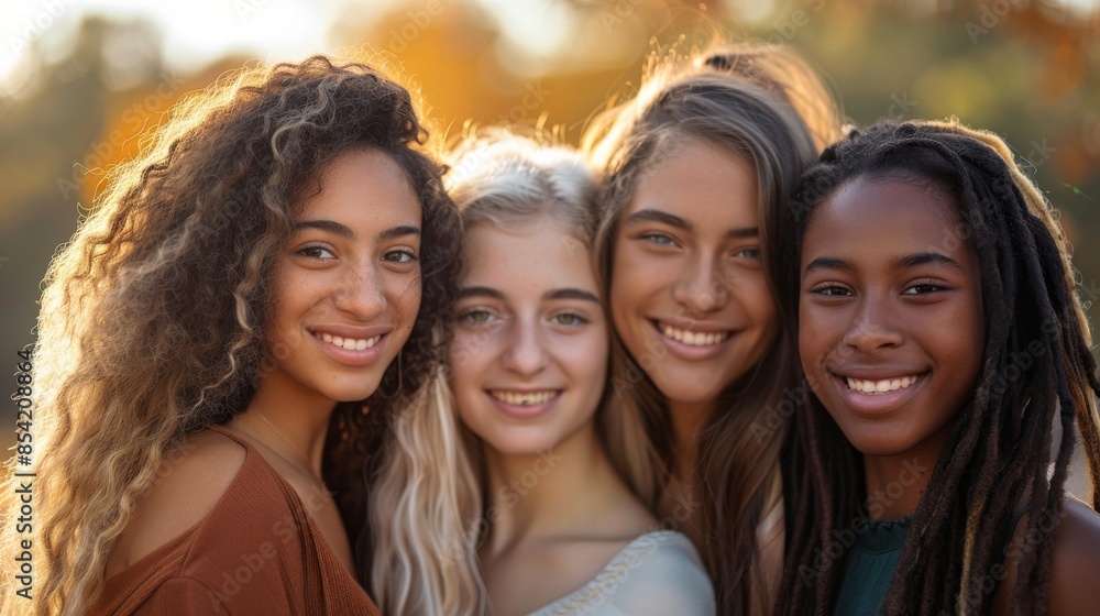 Image of a group of multiethnic girls standing together in a field. Stock. Image of a group of multiethnic girls standing together in a field. Stock.