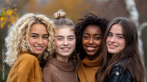 An artificial intelligence-generated portrait of a group of multiethnic girls in the field.