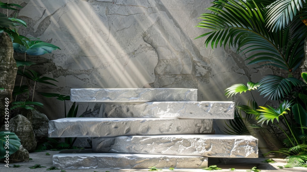 Creating 3D rendering of a concrete podium and a green plant during product demonstration. Generating artificial intelligence Creating 3D rendering of a concrete podium and a green plant during product demonstration. Generating artificial intelligence