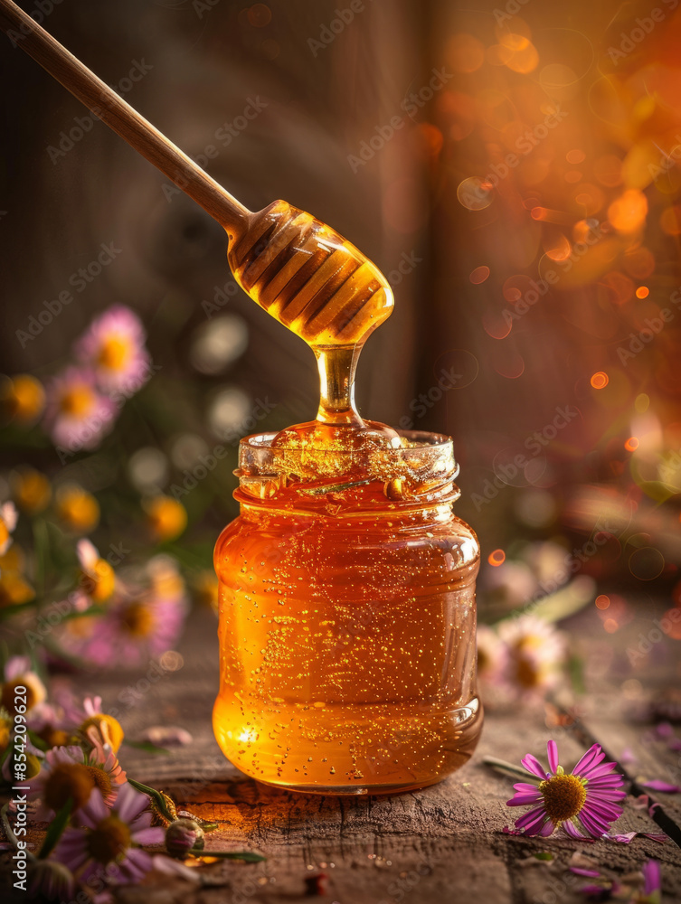 Jar of honey with dipper, surrounded by flowers. Jar of honey with dipper, surrounded by flowers.