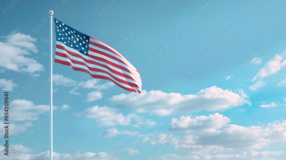 Naklejka premium An American flag fluttering in the wind against a blue sky. Stock computing.