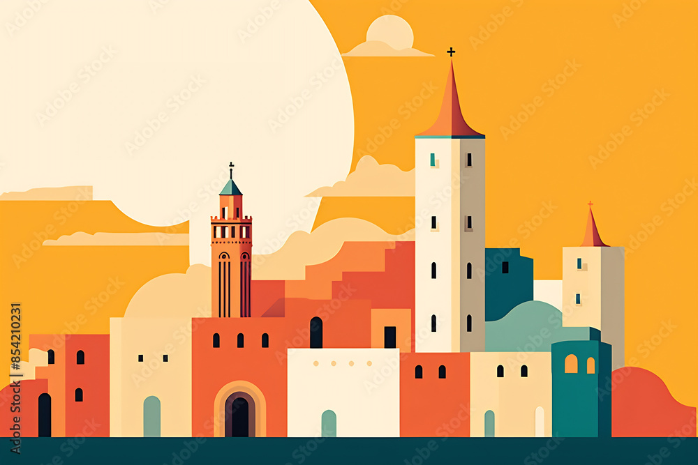 A colorful illustration of an italian city skyline at sunset A colorful illustration of an italian city skyline at sunset