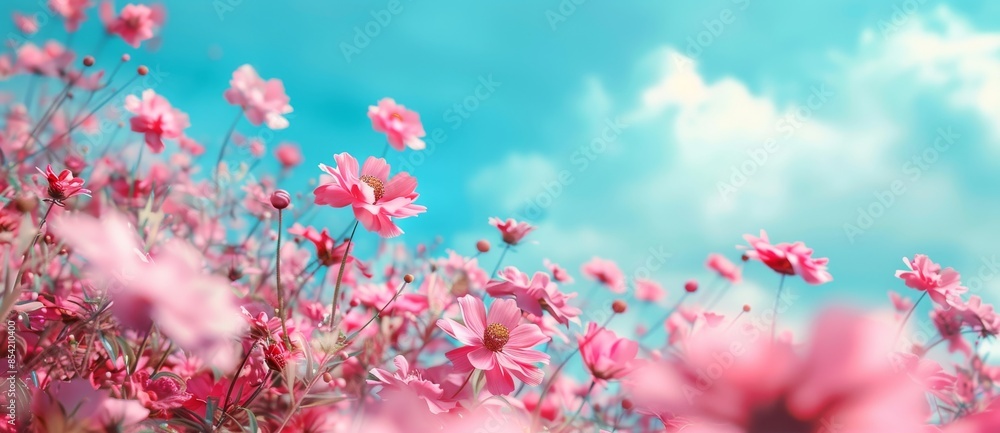 A banner or card of beautiful blooming meadow flowers on a blue background. A stock AI creation for spring or summer A banner or card of beautiful blooming meadow flowers on a blue background. A stock AI creation for spring or summer