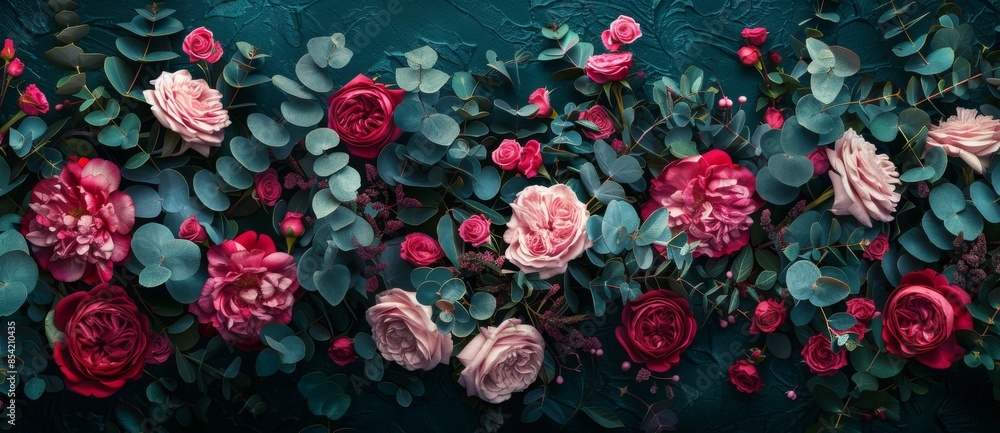 Fototapeta premium An artificial intelligence background with leaves and a bright garden flower.