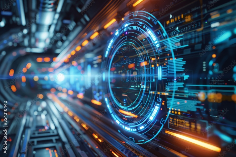 An abstract representation of a digital tunnel with futuristic tech elements and blue hues An abstract representation of a digital tunnel with futuristic tech elements and blue hues
