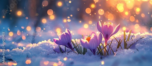 Crocus blossoms in the snow, symbolizing spring's arrival. Sunlight and bokeh in the background. AI generation.