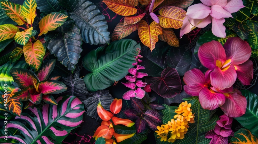 Many brightly colorful tropical plants are on a black background. Exotic leaves and flowers Many brightly colorful tropical plants are on a black background. Exotic leaves and flowers