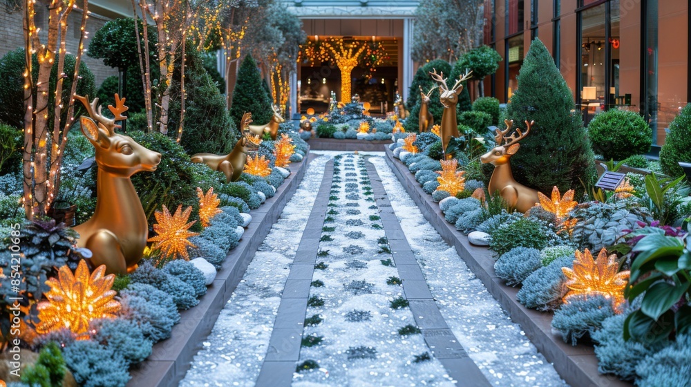 Fototapeta premium Create a charming winter garden with illuminated reindeer, sparkling snowflakes, and whimsical light-up figures nestled among lush greenery.