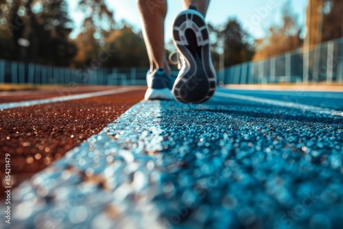 Low angle view of a runner's legs at the starting line on a blue athletic track, ready to sprint