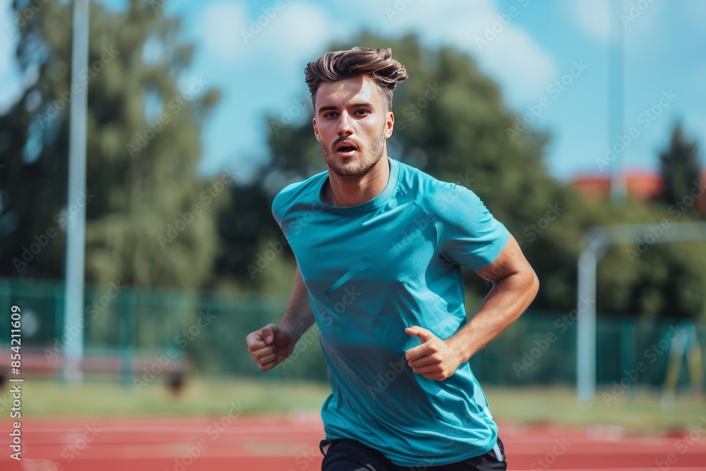 Focused man in blue running with determination on a red athletic track during the day Focused man in blue running with determination on a red athletic track during the day