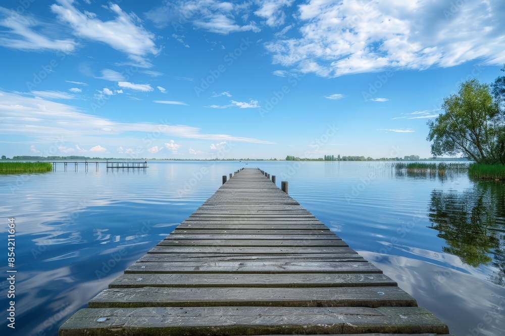 Obraz premium Long wooden pier stretching into calm waters under a clear sky, showcasing tranquility and natural beauty