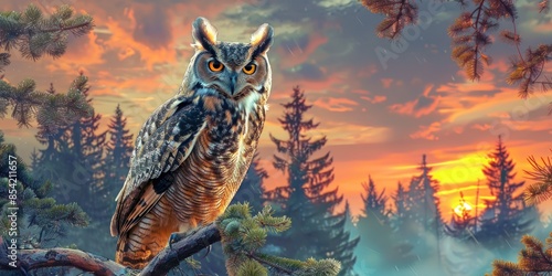 A large owl is perched on a tree branch in a forest. Generate AI image photo