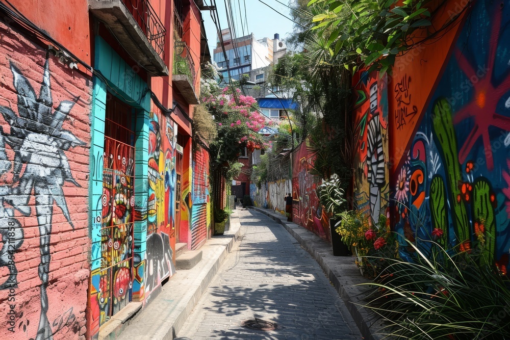 Fototapeta premium Plants overgrow the painted walls along the street. AI Stock Art