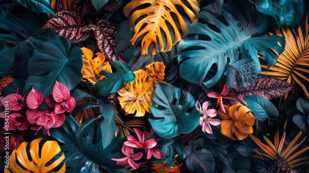 Many brightly colorful tropical plants are on a black background. Exotic leaves and flowers Many brightly colorful tropical plants are on a black background. Exotic leaves and flowers